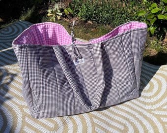 Large Quilted Tote Bag, Gingham Pilates Bag, Oversized Beach Tote, Pink Lined Maternity & Nappy Bag, Handmade Coquette Tote