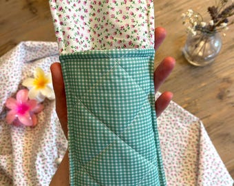Green Checked Glasses Case: Quilted Eyeglass Pouch with Floral Lining