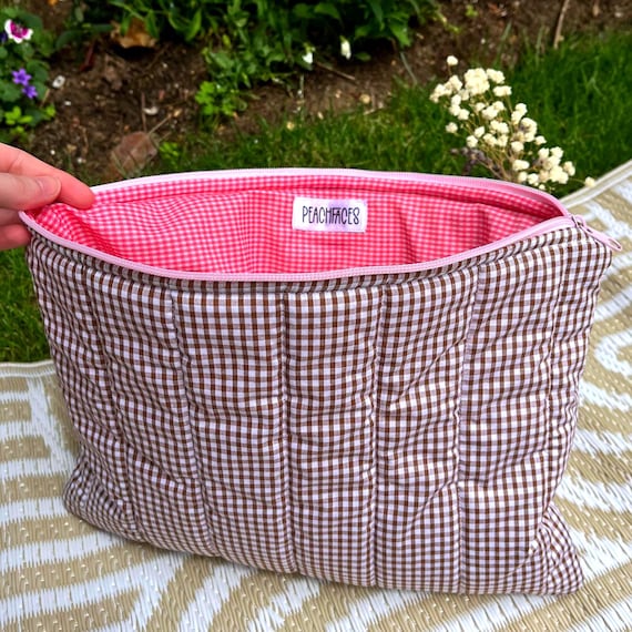 Laptop Sleeve 13-14 Inch - Quilted Gingham Laptop Case, Handmade Padded Cover with Floral Lining