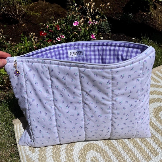 Laptop Sleeve 15-16 Inch - Quilted Gingham Laptop Case, Handmade Padded Cover with Floral Lining