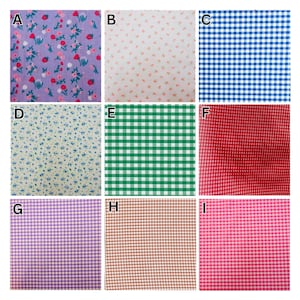 Pode incluir: Nove amostras de tecido com diferentes padr&otilde;es. A fila superior inclui uma estampa floral lavanda, um tecido branco com pequenas flores rosa e um padr&atilde;o xadrez vichy azul e branco. A fila do meio apresenta uma estampa floral amarela, um padr&atilde;o xadrez vichy verde e branco e um padr&atilde;o xadrez vichy vermelho e branco. A fila inferior inclui um padr&atilde;o xadrez vichy roxo, um padr&atilde;o xadrez vichy castanho e um padr&atilde;o xadrez vichy rosa.