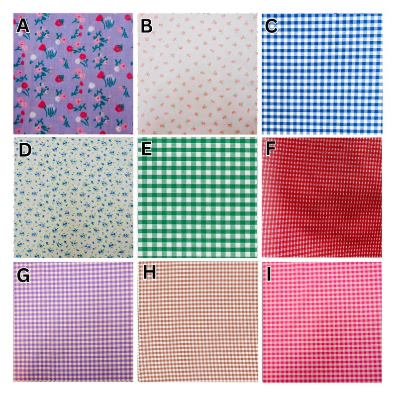 Pode incluir: Nove amostras de tecido com diferentes padr&otilde;es. A fila superior inclui uma estampa floral lavanda, um tecido branco com pequenas flores rosa e um padr&atilde;o xadrez vichy azul e branco. A fila do meio apresenta uma estampa floral amarela, um padr&atilde;o xadrez vichy verde e branco e um padr&atilde;o xadrez vichy vermelho e branco. A fila inferior inclui um padr&atilde;o xadrez vichy roxo, um padr&atilde;o xadrez vichy castanho e um padr&atilde;o xadrez vichy rosa.