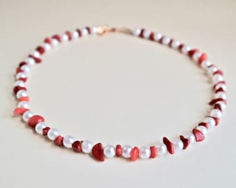 Handmade red coral stone and acrylic pearl in the uk, pearl necklace choker, gift for her, unique gifts, beaded necklace