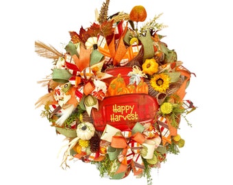Red Truck Happy Harvest Wreath, Autumn Wreath, Farmhouse Fall Wreath, Thanksgiving Wreath, Fall Pumpkin Decor