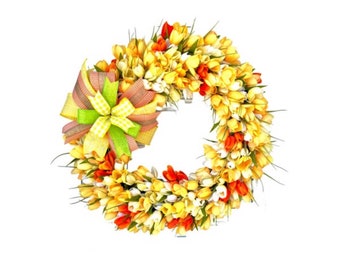 Mixed Orange and Yellow Tulip Wreath, Spring tulip Decor, Front door Wreath, Housewarming gift, Tulip Wreath, gift idea