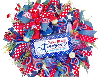 God Bless America Wreath, Patriotic Door Decor,Patriotic Wreath, Fourth of July Decor,  Memorial Day Wreath