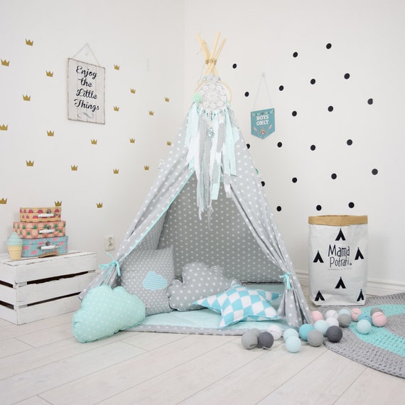 Play Tent Gray Teepee Mint Teepee Tent Star Teepee Mint Etsy