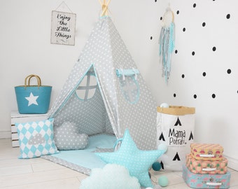 Nursery Tent, Gray Teepee, Star Tent, Blue Teepee, Tee Pee, Play Mat, Reading Lamp, Baby Blue Teepee Tent, Play Teepee, Toddler Teepee Tent