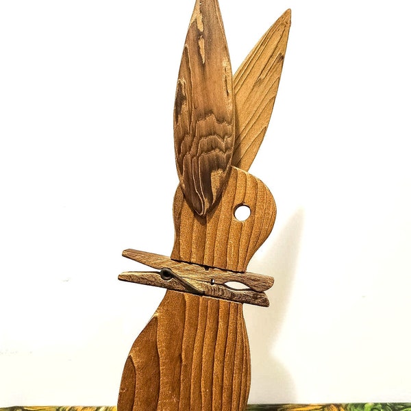 Bunny Rabbit Handcrafted Wooden Clip Holder Clothespin Notes Recipes Folk Art Primitive Cute Fun Organize Shelf Sitter