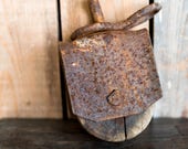 Vintage Cast Iron Wood Pulley - Antique Industrial Rustic Primitive Hook Wheel - Rustic Barn Farm Pulley