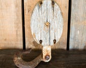 Vintage Cast Iron Wood Pulley - Antique Industrial Rustic Primitive Hook Wheel - Rustic Barn Farm Pulley