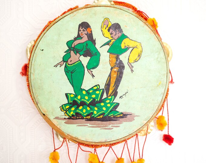 Vintage Antique Spanish Tambourine Flamenco Dancers Retro 50's Toy Souvenir Musical Tambourine