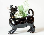 Vintage Black Cow Planter - Antique Pottery Cow Plant Pot - Ceramic Cow Figurine Planter