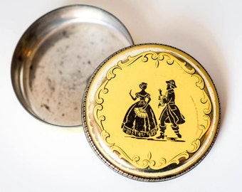 Petite boîte ronde - Candy Tin de style vintage Tin - jaune avec Lady & Gentleman Silhouettes - Renaissance