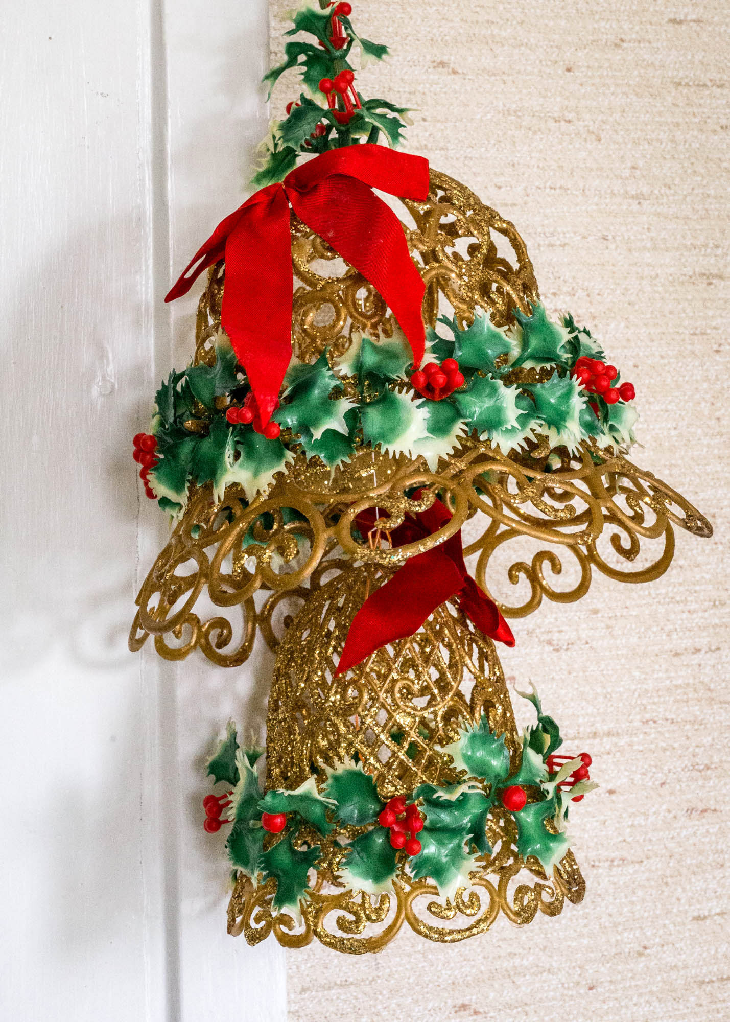 Vintage Gold Sparkle Christmas Bells Large Holiday Hanging Decoration Retro Kitsch Vintage 