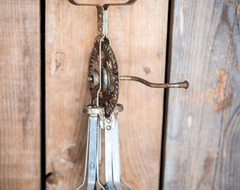 Vintage Egg Beater - Hand Mixer Kitchen Utensil - Rustic Primitive Antique - Farmhouse Country Kitchen - Red Wood Handles - Shabby Chic