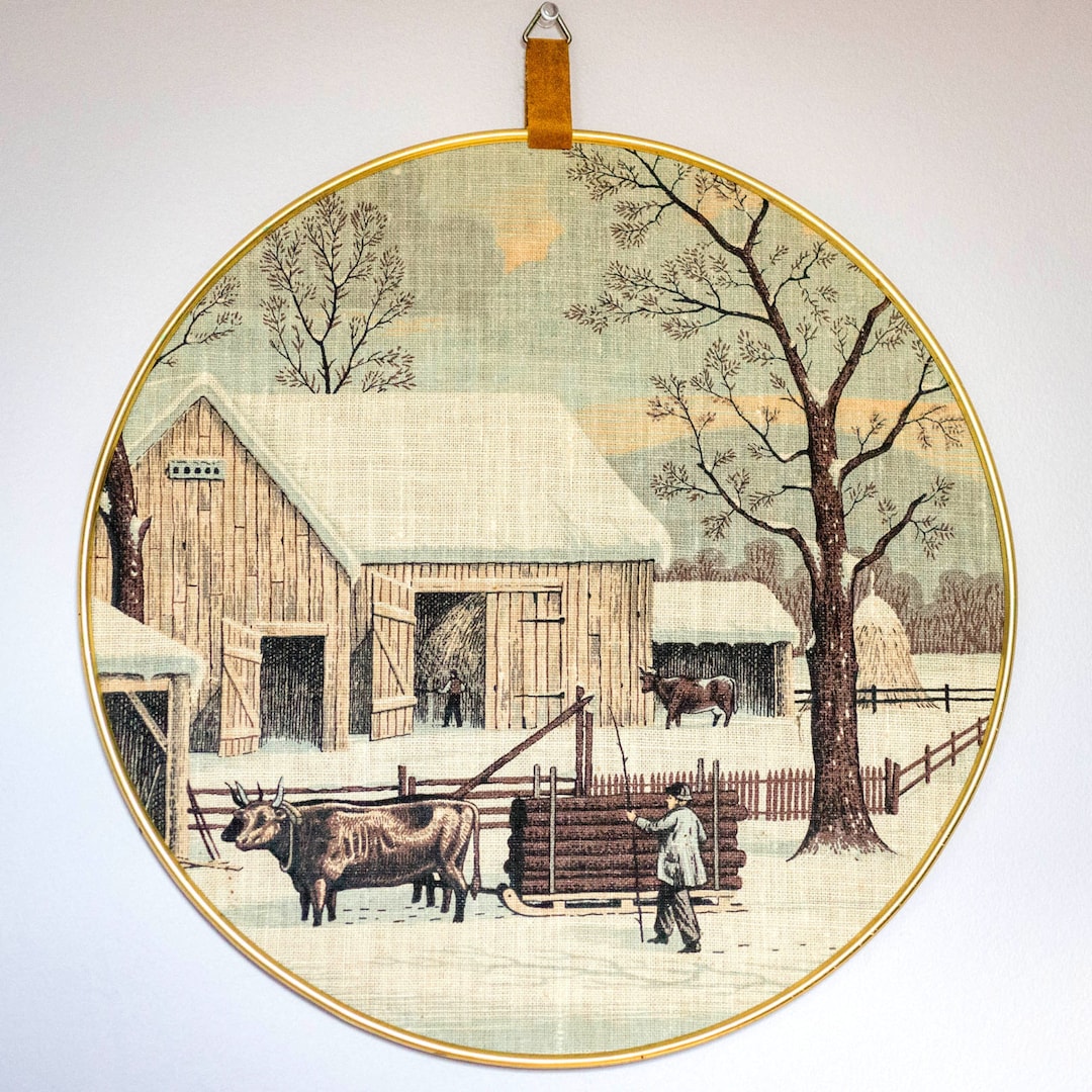 Vintage Winter Scene Wall Art Fabric Print Winter Farm Scene Round Framed Art Etsy