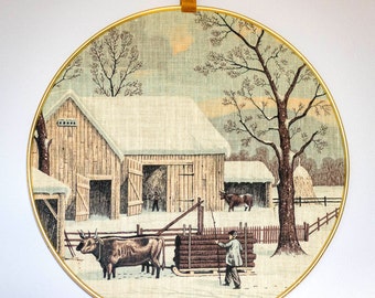 Vintage hiver scène sticker - tissu impression hiver ferme Scene - rond Art encadré