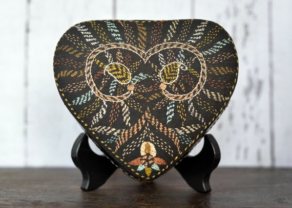 Vintage Heart Shaped Box - Leather Embroider Blac… - image 1