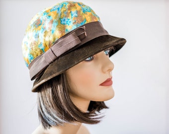 Chapeau de brocart de Cloche Vintage - or Turquoise jaune brun et avocat Velvet Mesdames Flapper chapeau - chapeau de mode Vintage femme - chapeau rétro
