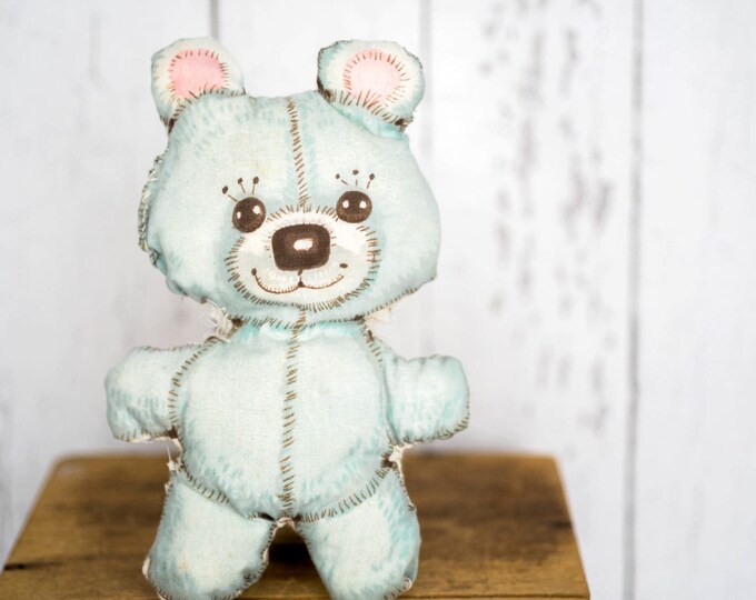 Vintage Hand Sewn Teddy Bear Shabby Chic Blue Teddy Bear Cloth Child's
