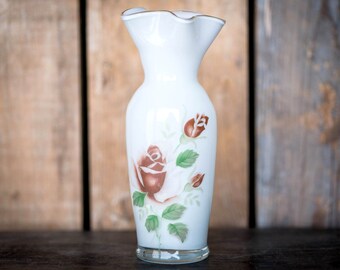 Vintage Rose Vase - weißem Glas mit Gold kurvige Rim und Rose Print Design - schäbig schicke Blumenvase - Wildrosen Feminine Dekor