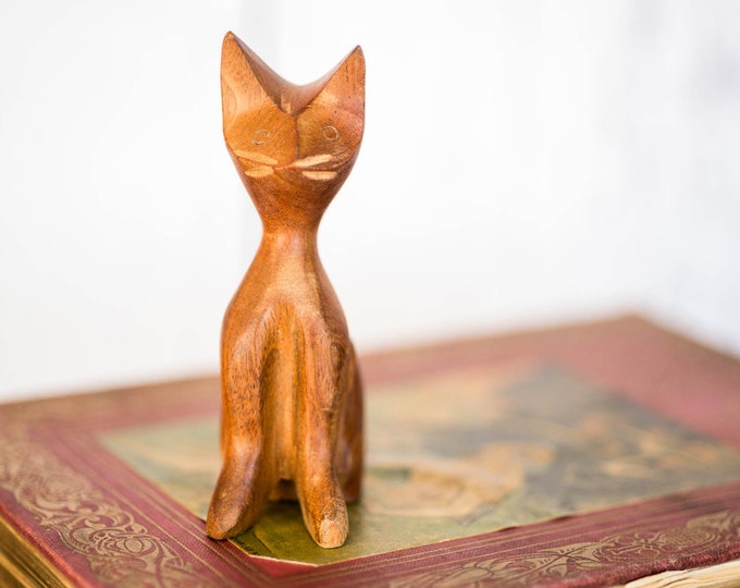 Vintage Wood Cat Figurine Small Hand Carved Wooden Kitty Cat Feline Cat