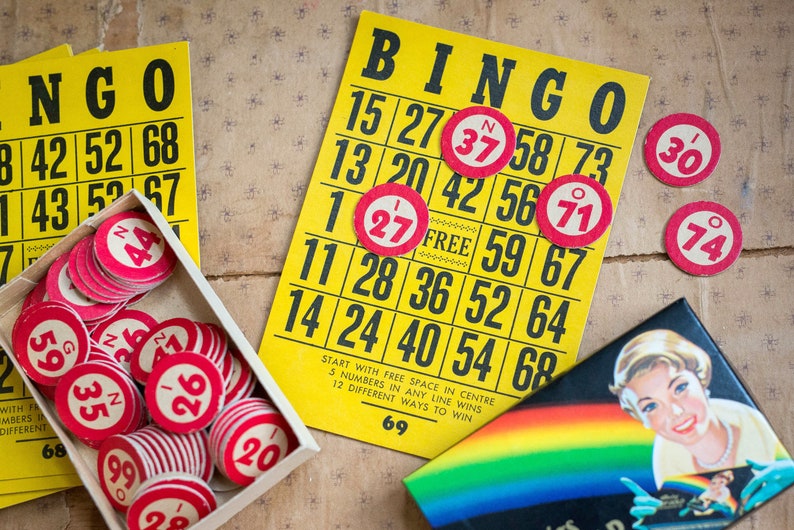 Vintage Bingo Card Game and Chips Card Paper Mid Century Bingo Game