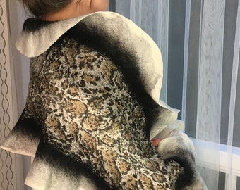 Nano felted shawl is made of superfine merino wool, silk fabric. Felted scarf in black, white, soft brown.