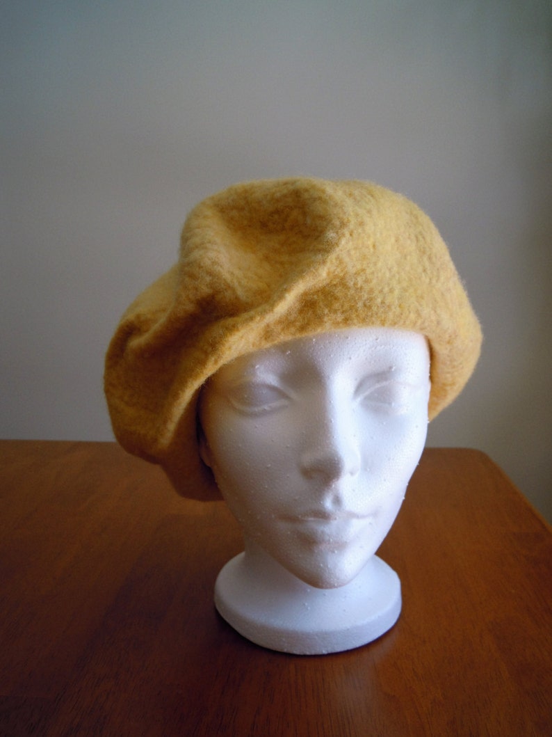 Handmade felted hat beret lite yellow merino wool