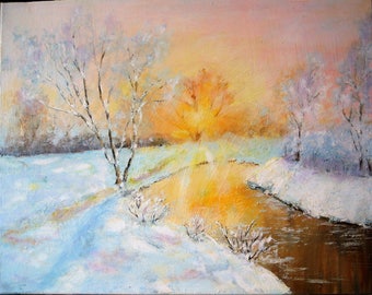 Oil painting "FROSTY SUNSET" canvas 50 cm X 40 cm.