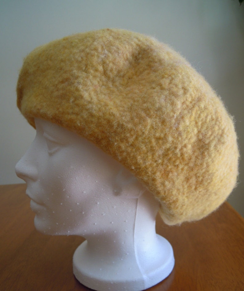Handmade felted hat beret lite yellow merino wool