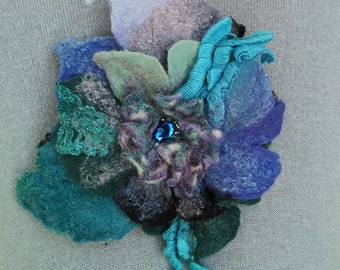 Handmade Felted Flower Brooch, Shades of Blue and Green (18-19 cm)