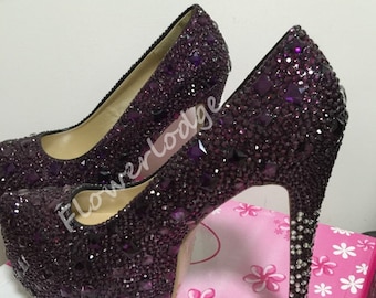 zapatos de mujer de bombas púrpura del rhinestone, plataforma alta talones-custom cerraron / abierto del dedo del pie zapatos para mujer