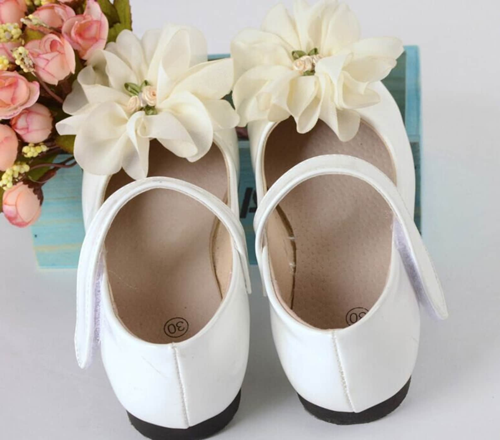 white flat flower girl shoes