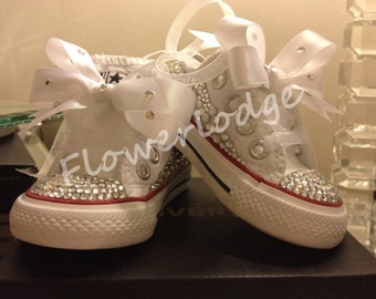 white bow girls coverse shoes lace ribbon swarovski crystal