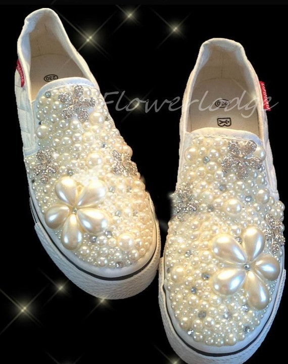 Pearled Women Canvas Shoes Custom Girl s Canvas Shoes Ivory Pearls