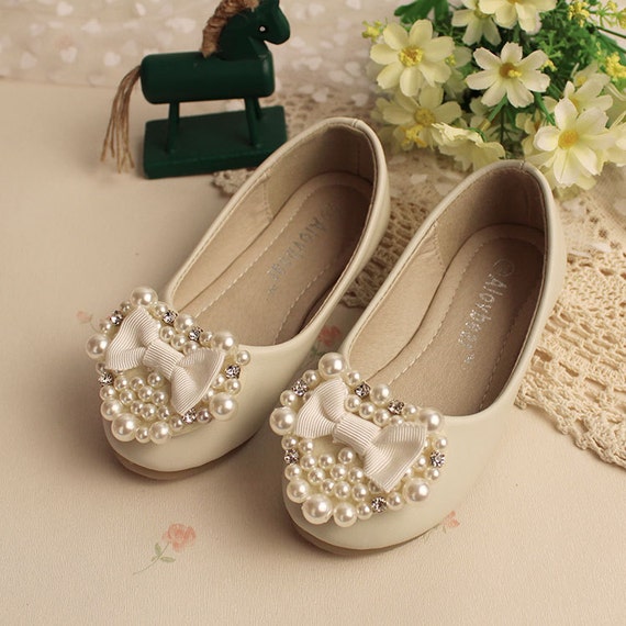 Ivory flower girl shoes cute white bow girls pearl love Etsy
