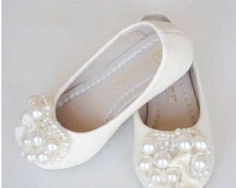 Ivory Flower Girl Shoes/ Toddler Girl Shoes/Pearl Party Shoes/Bow Girls Shoes mary jane shoes-Genuine Leather Shoes For Girls