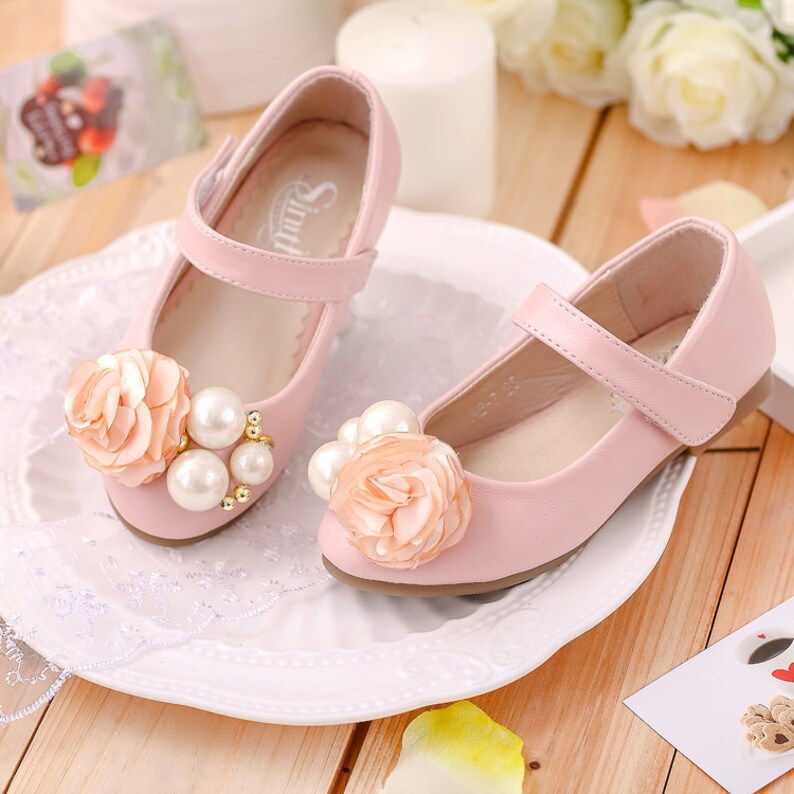 Leather Toddler Girl Shoes Peach Flowers Pearl Beads Floral Etsy