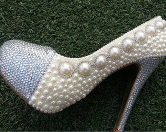 Ivory Women Shoes Handmade Pearled Rhinestone Women Pumps party Dance Shoes High Platform