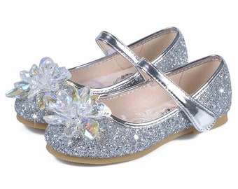 Zapatos azules brillantes para niñas, zapatos con diamantes de imitación brillantes, zapatos para niñas pequeñas, zapatos de princesa, zapatos azules y plateados para niñas, zapatos para niñas de flores.