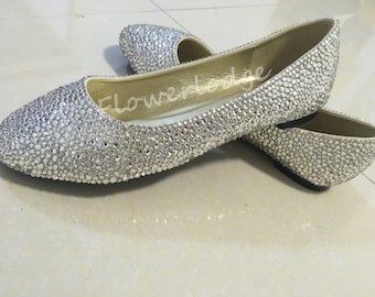 Crystal Ballet Flats Shoes Silver Women Flats Closed Toe ballet flat shoes Clean Rhinestone Soft Comfortable Women Slipper Shoes