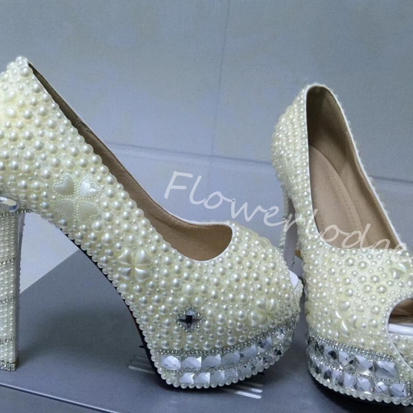 Peep Toe Heels Women Pumps Prom Shoes Sparkle Rhinestone High Platform Ivory Pearled Wedding Dance Shoes Custom Match Ballet Flats Shoes