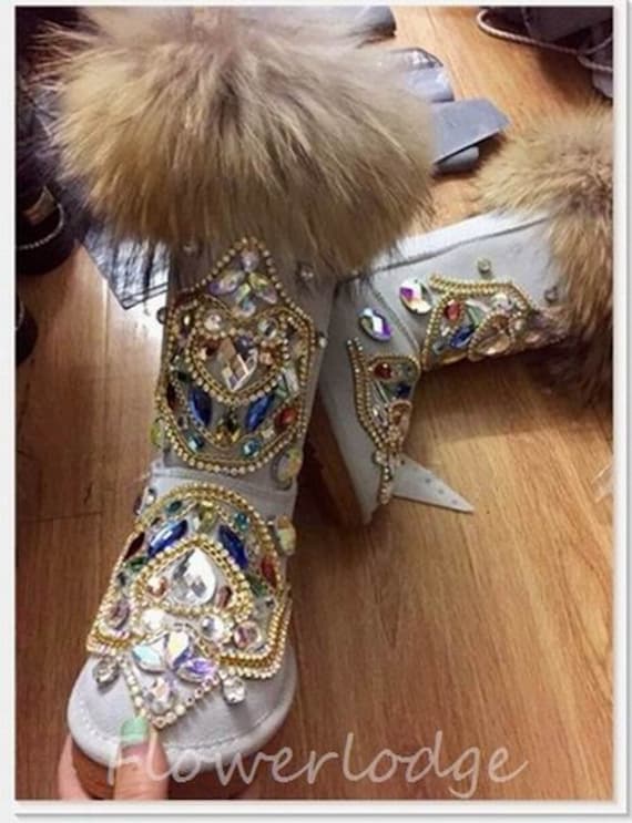 Sparkle Rhinestone make on  Boots/Leather Sheepskin Fleech/Wool Boots Boho Luxury totem shinning stylish crystal Warm Beige/Black Boots