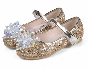 Zapatos dorados claros con destellos para niñas, zapatos con piedras brillantes, zapatos para niñas pequeñas, zapatos de princesa, zapatos color champán para niñas, zapatos plateados para niñas, zapatos para niñas con flores