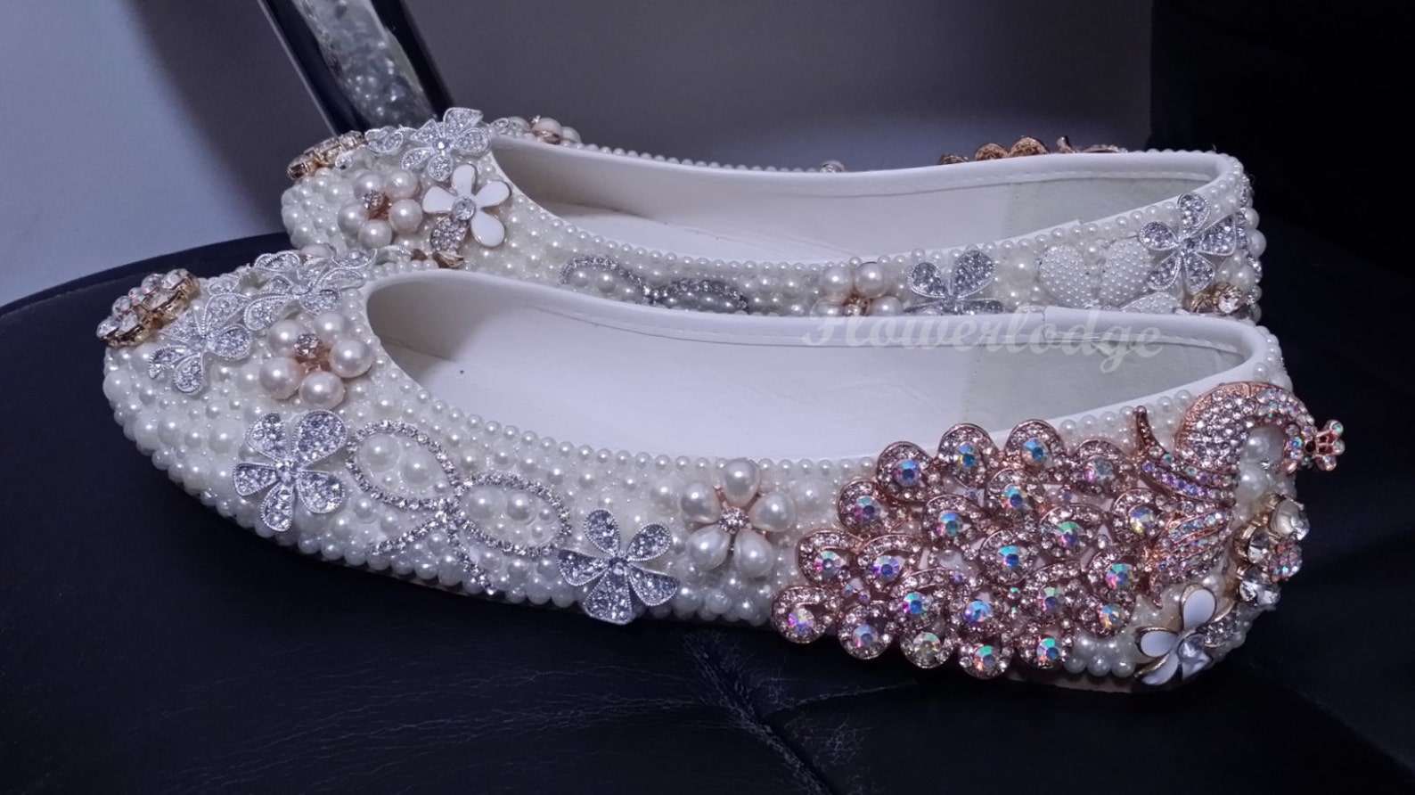 unique women flat shoes ivory pearl rhinestone ballet flats peacock glitter crystal cute bow flowers handmade to order women/gir