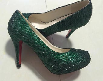 Dark Green Rhinestone Classic Pumps Slippers Sparkly Women shoes Customize Crystal Shoes Emerald Shoes Prom Dance Heel Grisl's Women's Shoes