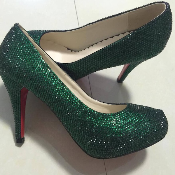 Dark Green Rhinestone Classic Pumps Slippers Sparkly Women shoes Customize Crystal Shoes Emerald Shoes Prom Dance Heel Grisl's Women's Shoes