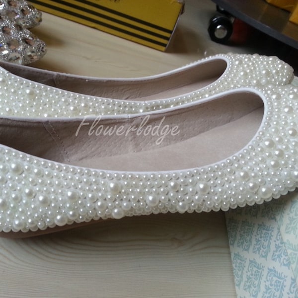 Ivoire Ballerines Chaussures Off White ballerines chaussures plates Perles Ivoire Chaussures de bal Pantoufles confortables Personnaliser pour les tailles enfants et adultes